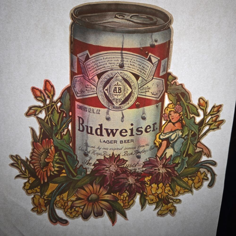 Vintage 1970s BUDWEISER BEER Can Iron-On T-Shirt Transfer Tattoo Flower Pinup